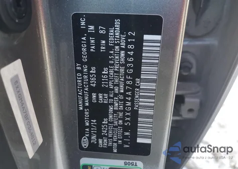 2015 Kia Optima Lx из США, поврежденный, VIN 5XXGM4A78FG364812